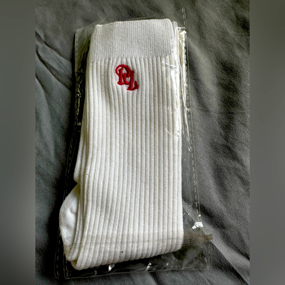 White long rolling loud socks with red RL logo